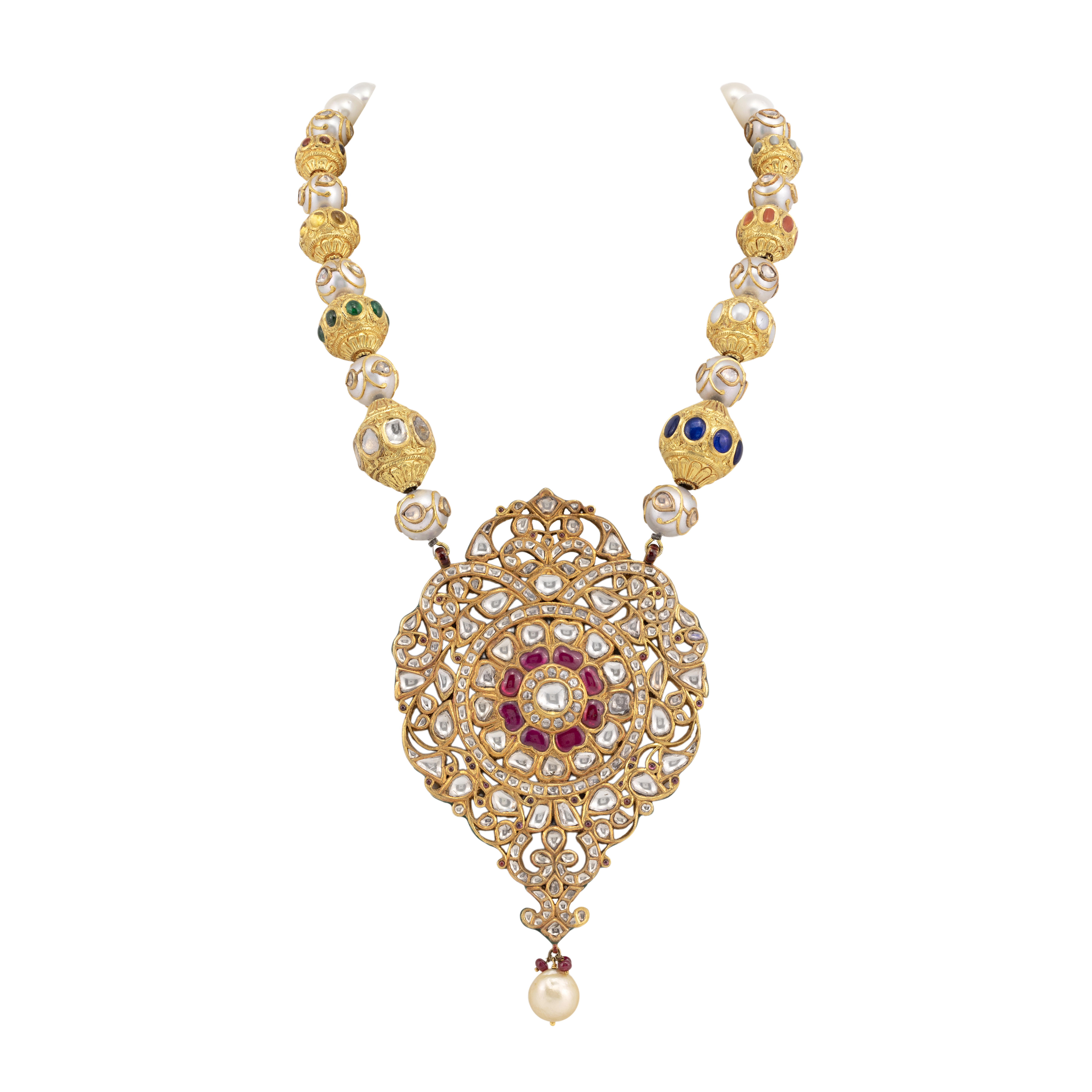 Traditional Polki Pendant Necklace with Multicolor Navratana Talaf
